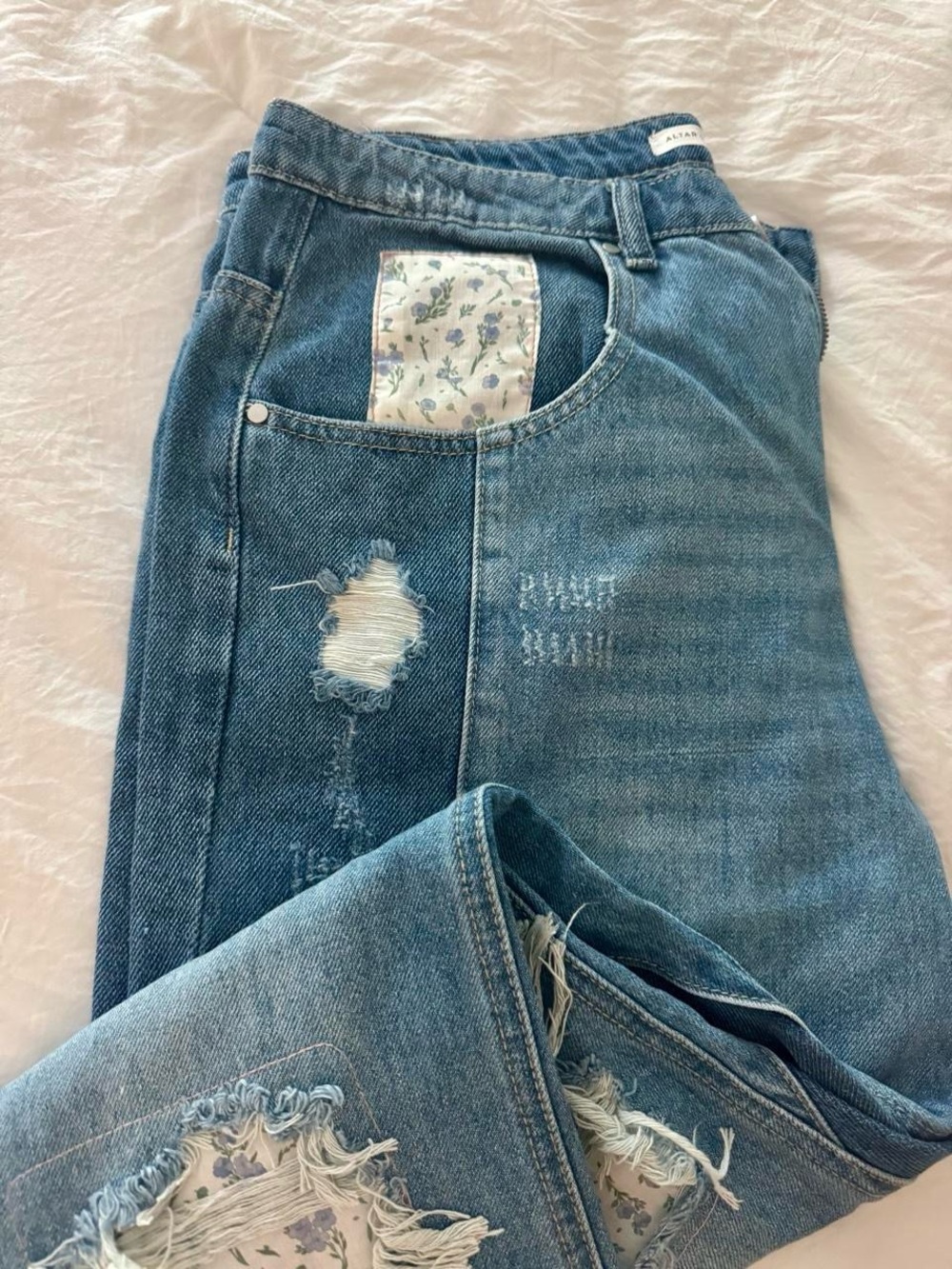 Altar'd State Distressed Light Blue Boyfriend Jeans with Floral Patch